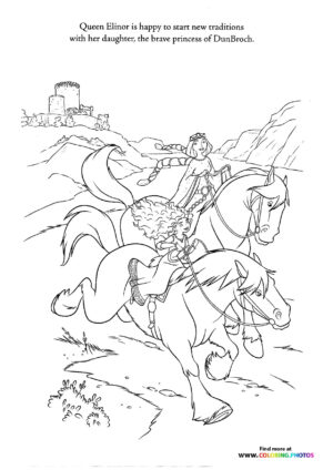 Queen and Merida riding horses coloring page