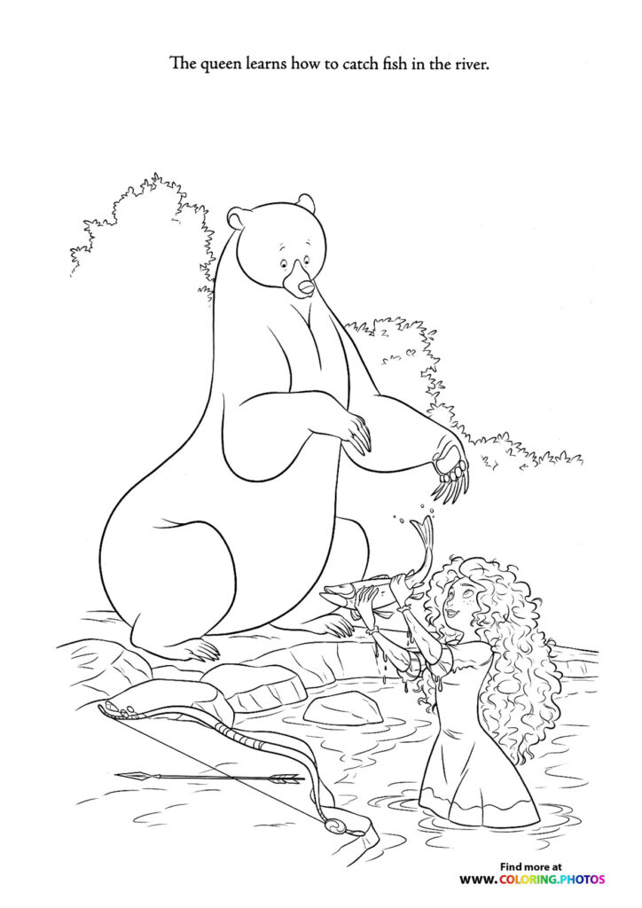 Queen Elinor fishing in the river with a bear beside her from Brave coloring page
