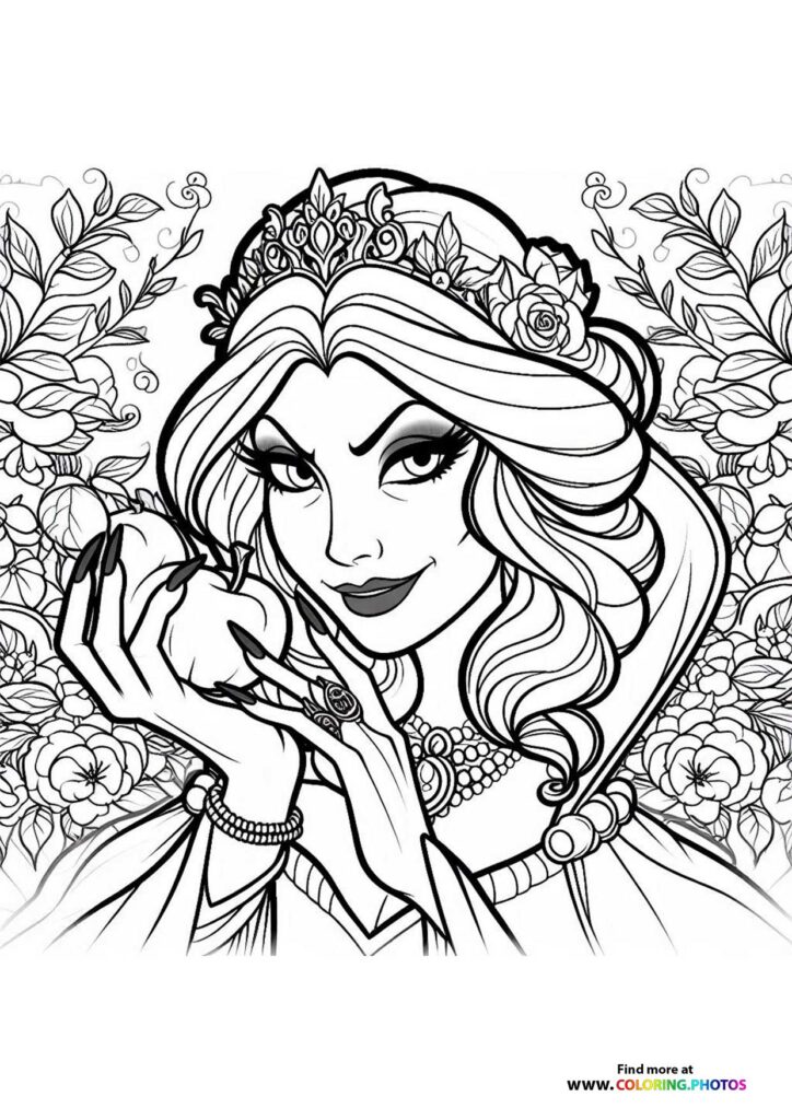 Snow White wearing a tiara and holding a rose, surrounded by ornate floral garden details coloring page