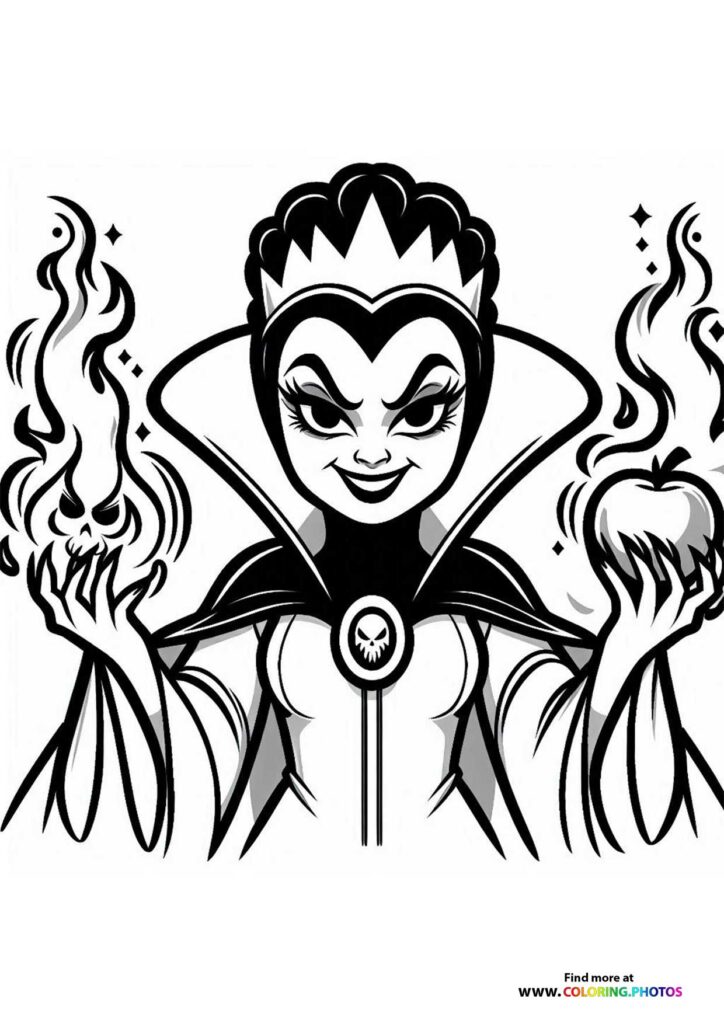 Evil Queen with magical flames and a poisoned apple, dark magic coloring page from Snow White 2025