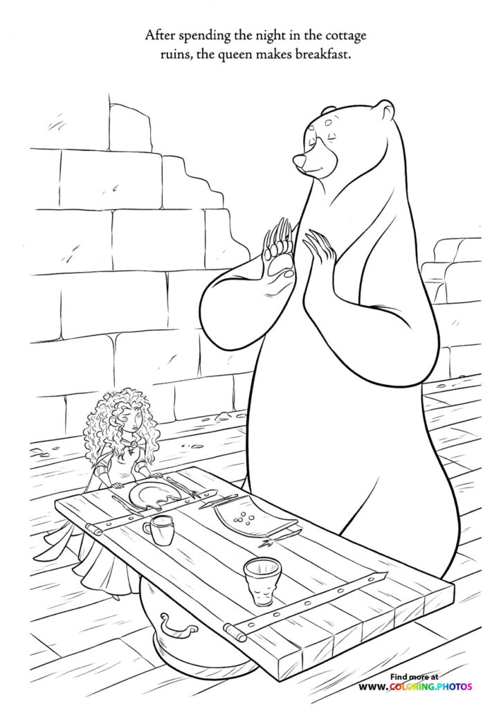 Queen Elinor holding a pot while making breakfast for Princess Merida in a cottage with stone walls coloring page from Brave