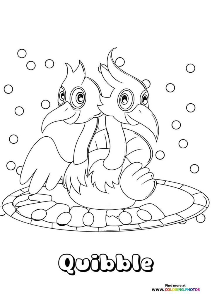 Quibble the two-headed monster with spiky hair and large eyes coloring page from My Singing Monsters
