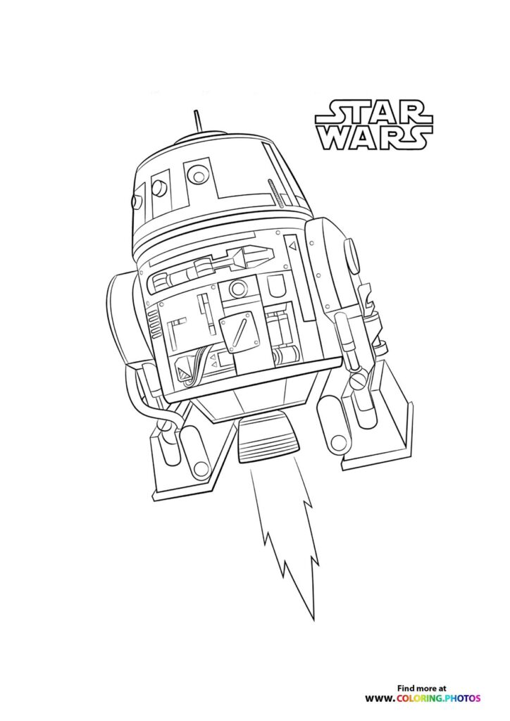 R2-D2 the astromech droid with detailed mechanical panels and tools coloring page from Star Wars