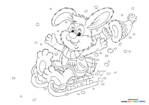 Bunny sledding on snow coloring page