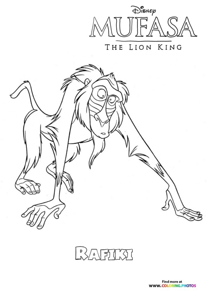 Rafiki the mandrill in a hunched pose showing his colorful face markings and flowing mane from Mufasa The Lion King coloring page