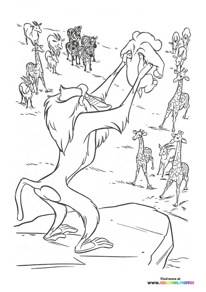Zazu conducting a parade of giraffes, zebras, and African animals coloring page from The Lion King