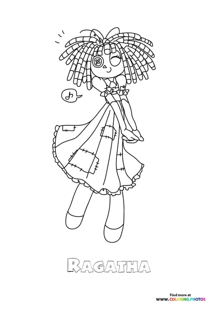 Ragatha with yarn hair, stitched face, and patchwork dress coloring page from The Amazing Digital Circus