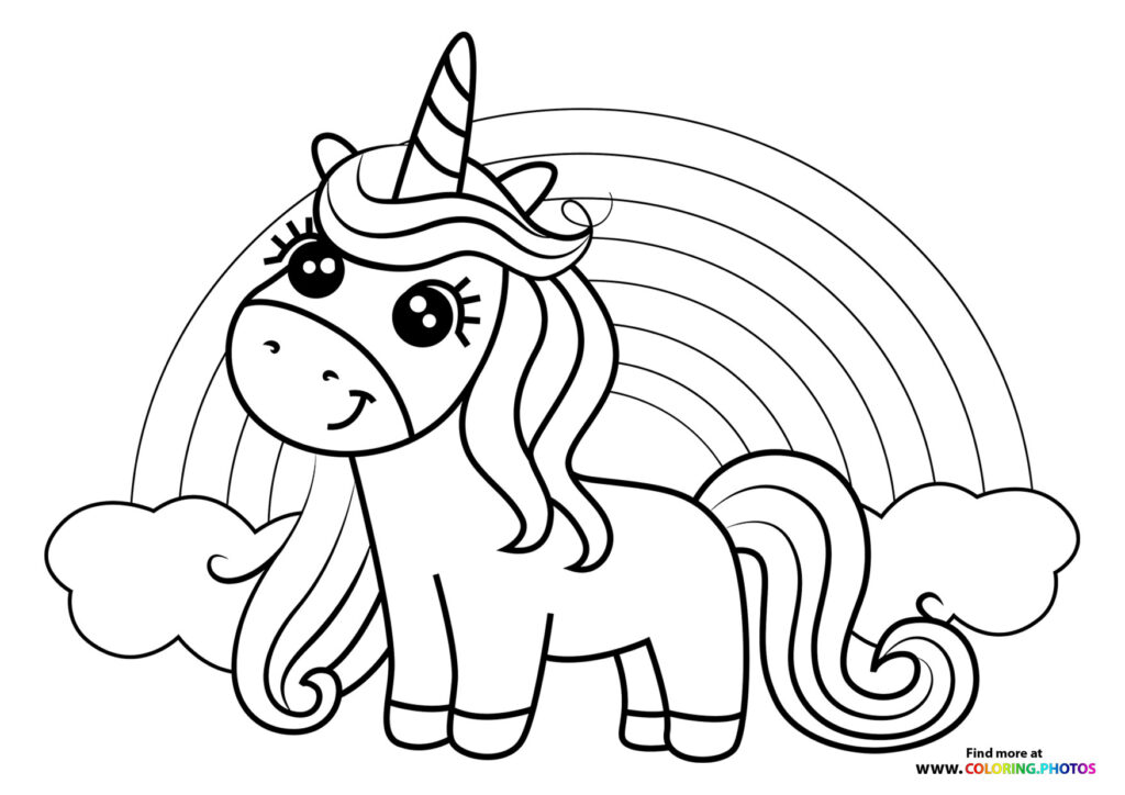 Unicorn with spiral horn and wavy mane standing under rainbow with clouds coloring page