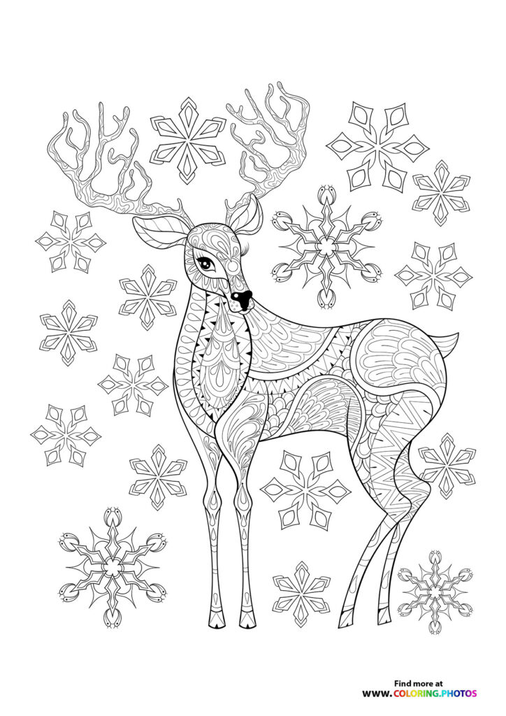 Ornately patterned reindeer surrounded by geometric snowflakes coloring page for adults