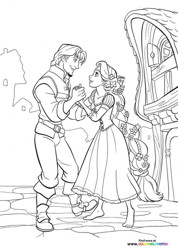 Rapunzel and Flynn holding hands at the tower door coloring page from Disney's Tangled