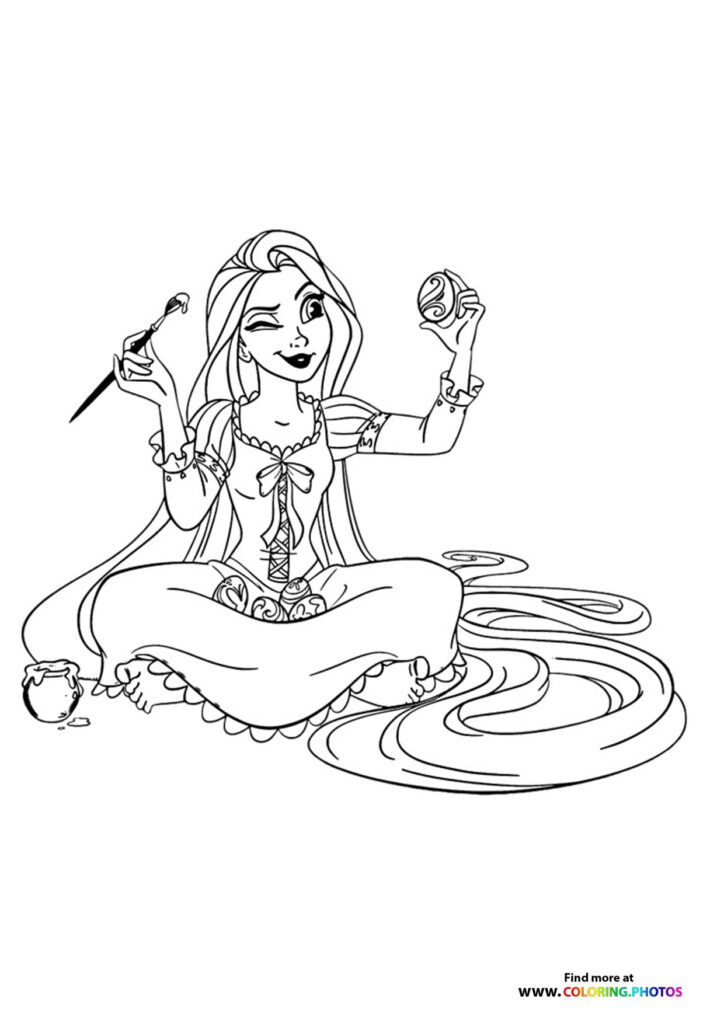 Easter magic girl holding paintbrush and decorated egg with flowing ribbons and swirling magical patterns coloring page