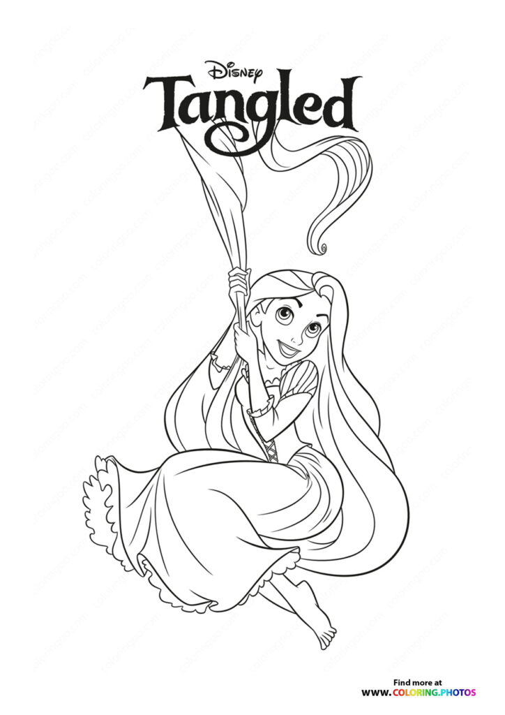 Rapunzel holding her long magical hair and twirling in her dress coloring page from Disney's Tangled