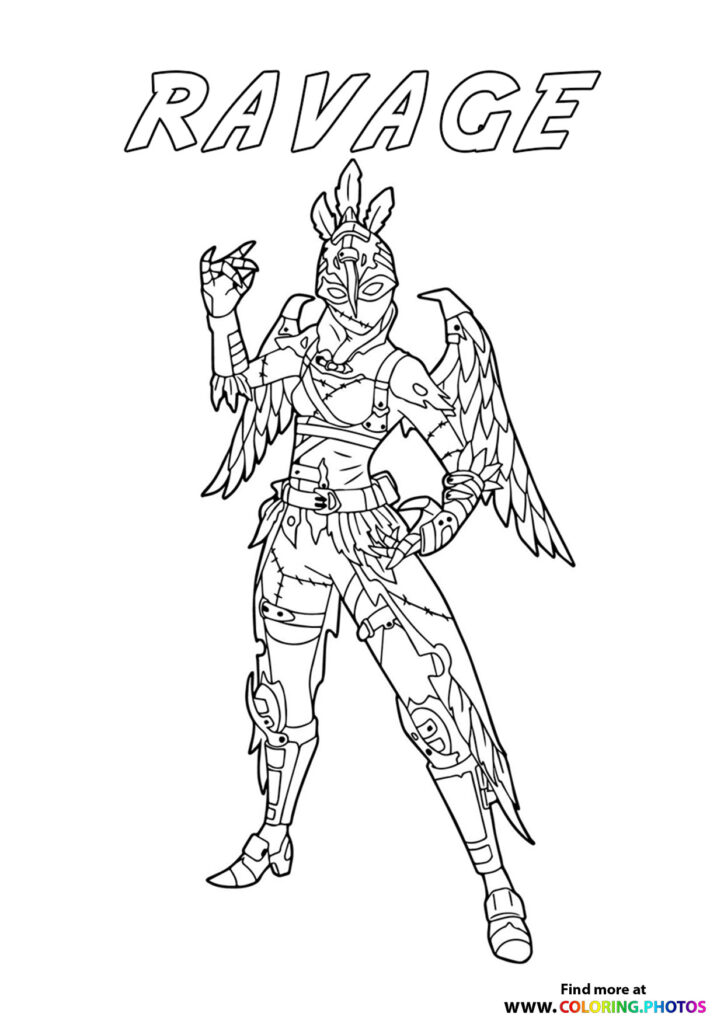 Ravage, a winged warrior with feathered wings and bird mask, striking a powerful pose coloring page from Fortnite