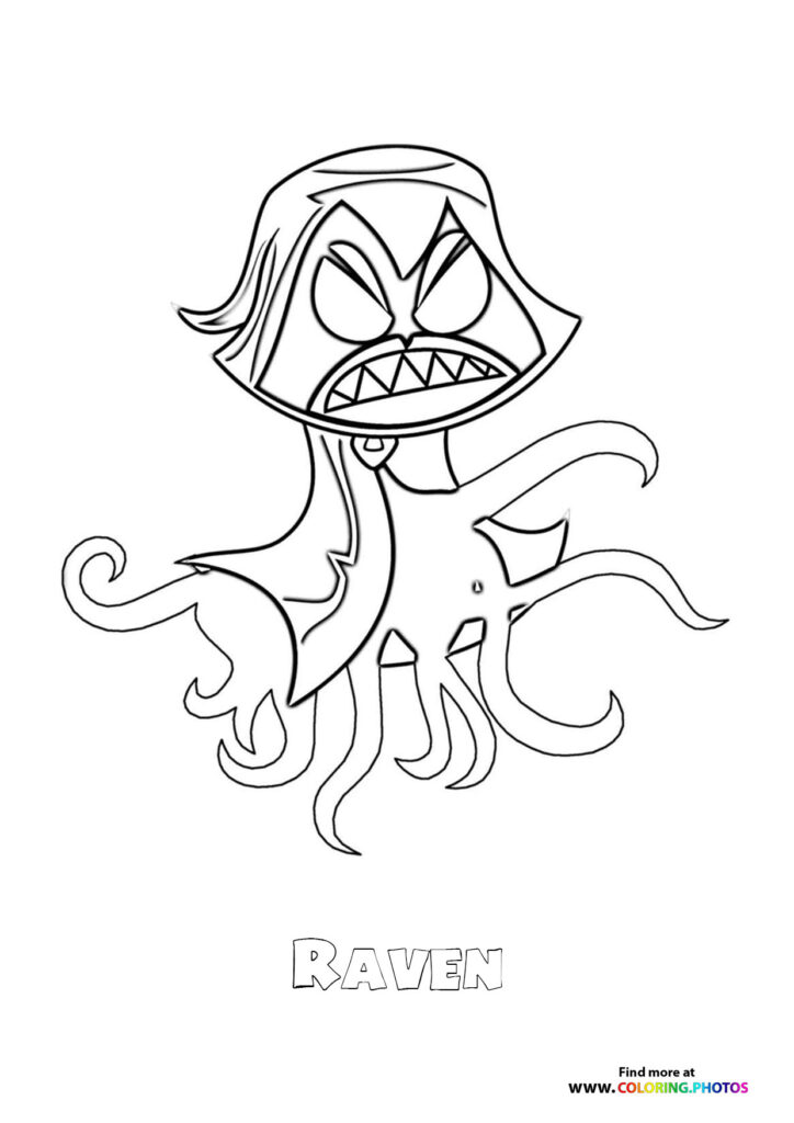 Raven in demon form with angry face and tentacles coloring page from Teen Titans Go