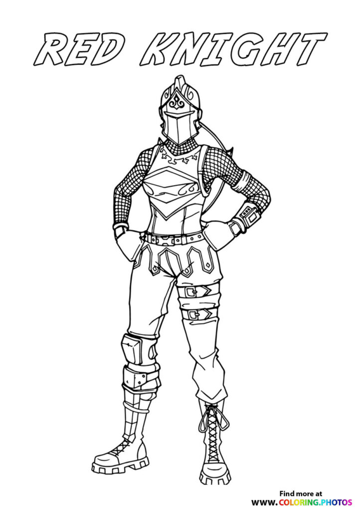 Red Knight in full armored outfit with helmet, mesh shirt, and laced boots coloring page from Fortnite