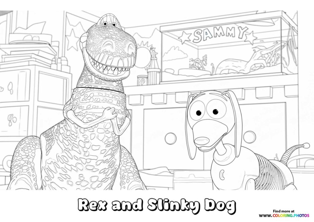Rex the dinosaur and Slinky Dog sitting together in Andy's room coloring page from Toy Story 5