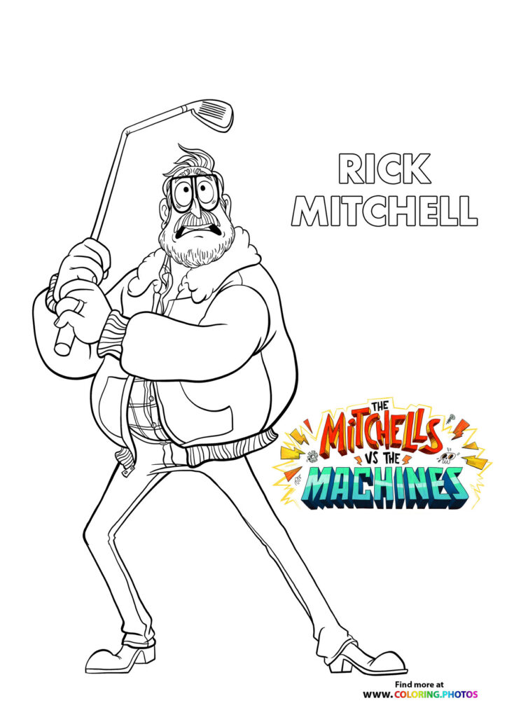 Rick Mitchell holding a floor lamp coloring page from The Mitchells vs the Machines