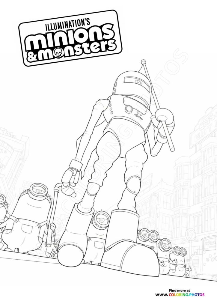 Minion wearing a large robot suit with antenna and control panels coloring page from Illumination's Minions and Monsters
