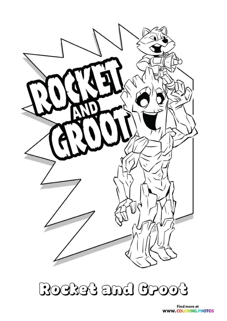 Rocket raccoon sitting on Groot's shoulder with bold text 'Rocket and Groot' coloring page from Marvel Rivals