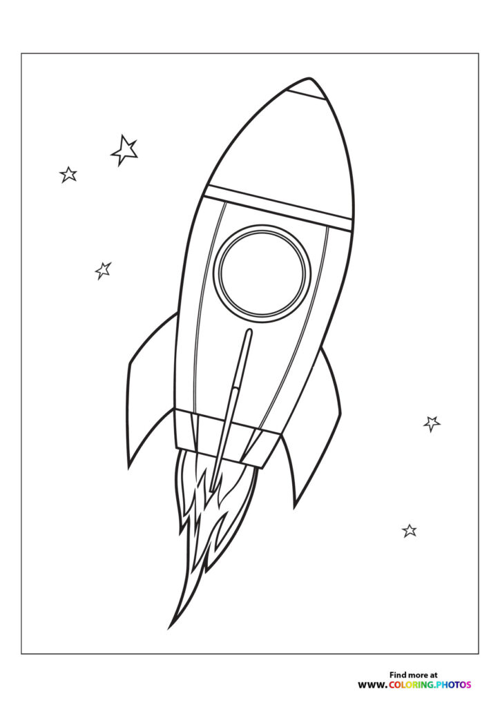 A rocket ship with a circular window and exhaust flames blasting off into space with stars, educational coloring page
