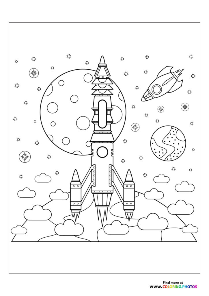 Rocket launching through clouds toward moon and planets in space coloring page