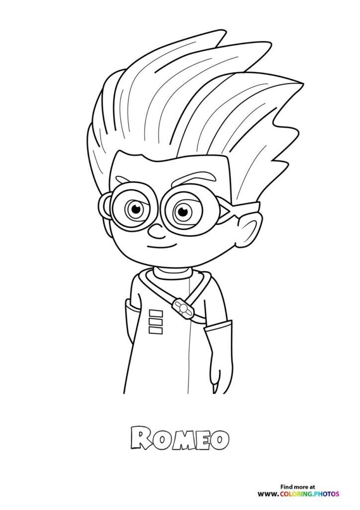 Romeo with spiky hair and round goggles wearing a lab coat coloring page from PJ Masks