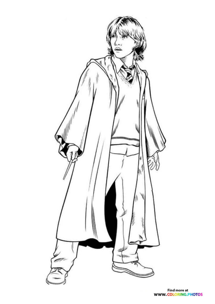 Ron Weasley in Hogwarts robes holding a wand coloring page from Harry Potter