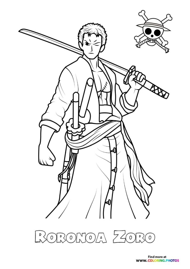 Roronoa Zoro holding three swords with the Straw Hat Pirate flag symbol coloring page from One Piece