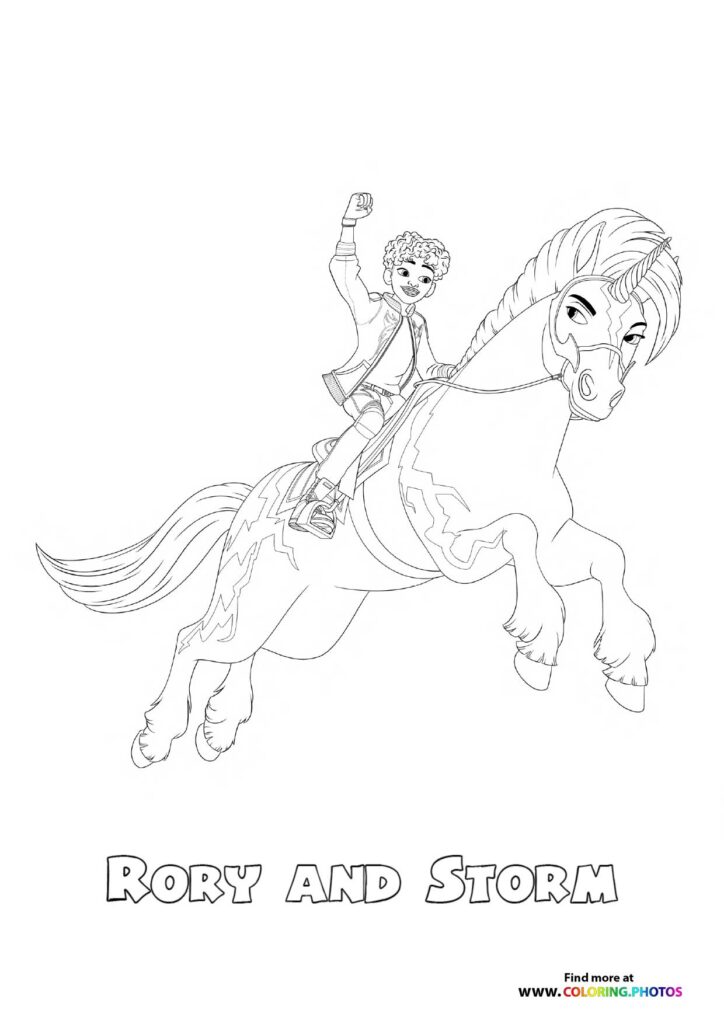 Rory riding on Storm the unicorn with fist raised in the air coloring page from Unicorn Academy
