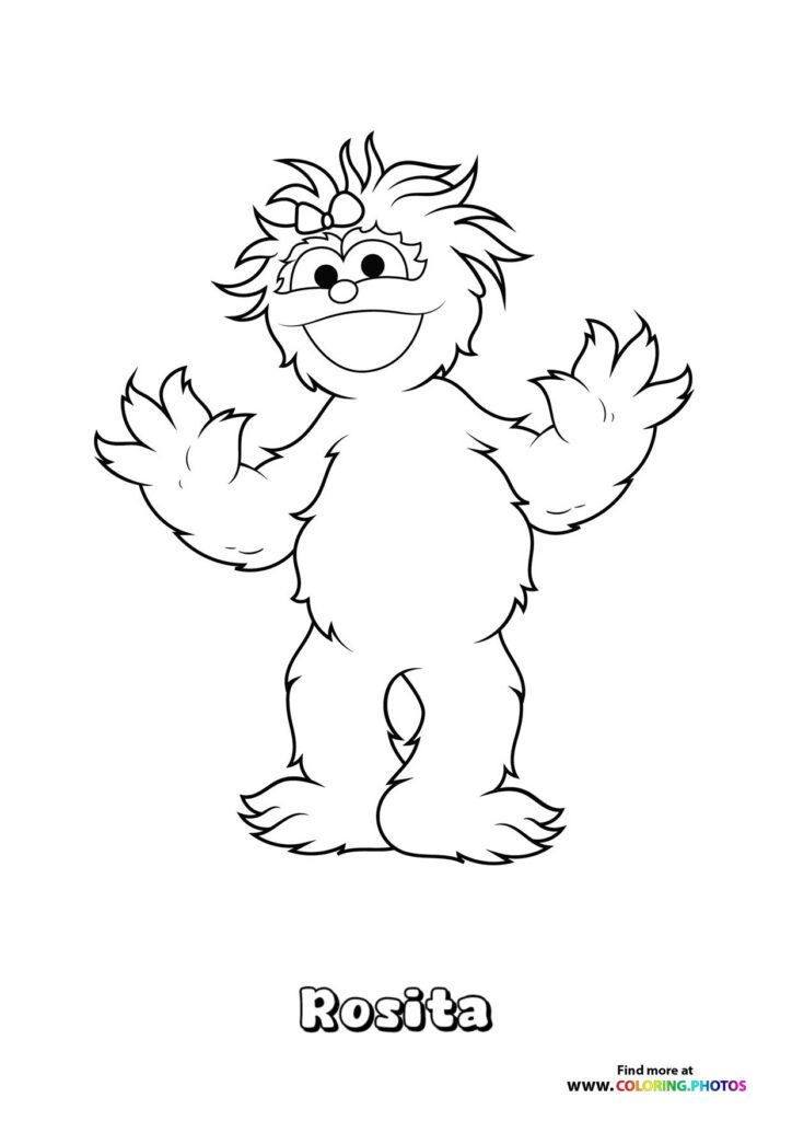 Rosita from Sesame Street standing with arms raised and spiky hair, coloring page