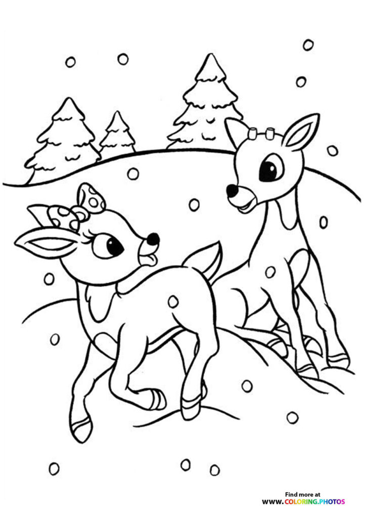 Rudolph and Clarice reindeer playing in snow with pine trees in background coloring page