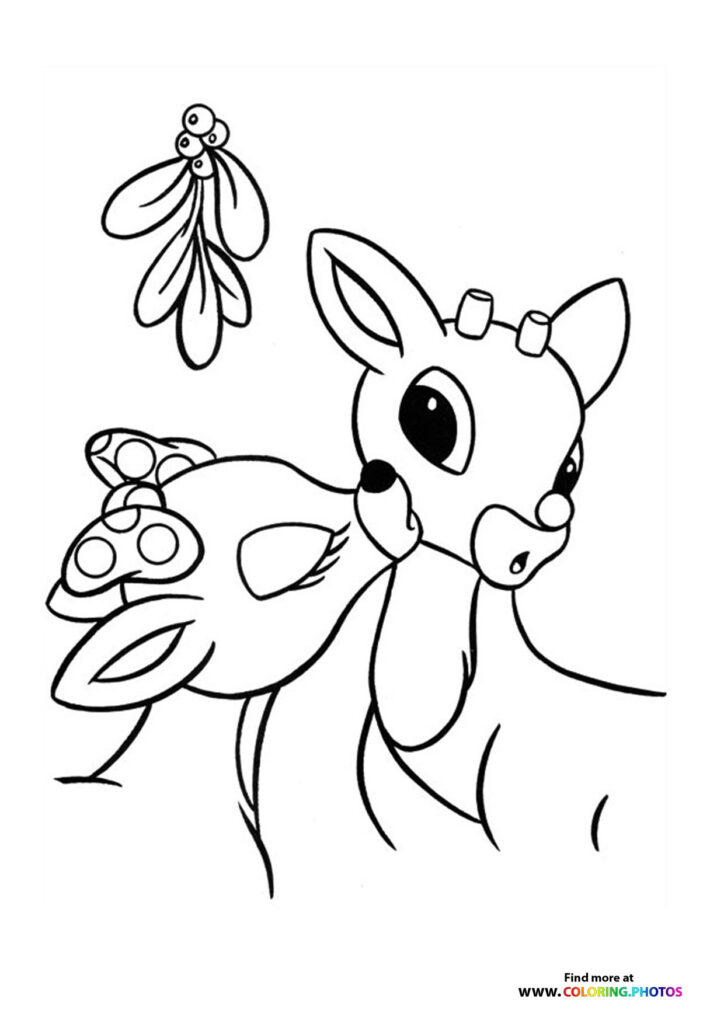 Rudolph the red nosed reindeer holding mistletoe with bells on antlers and harness coloring page