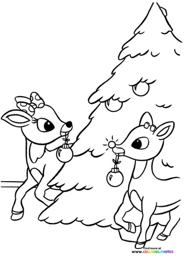 Rudolph the red nosed reindeer and a friend holding bells by a Christmas tree coloring page