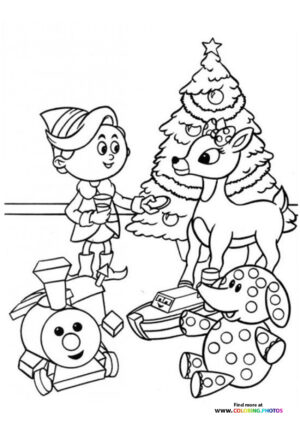 Rudolph the raindeer with an elf coloring page