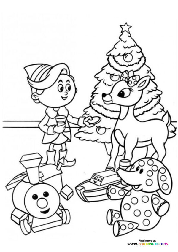 Rudolph the raindeer with an elf coloring page