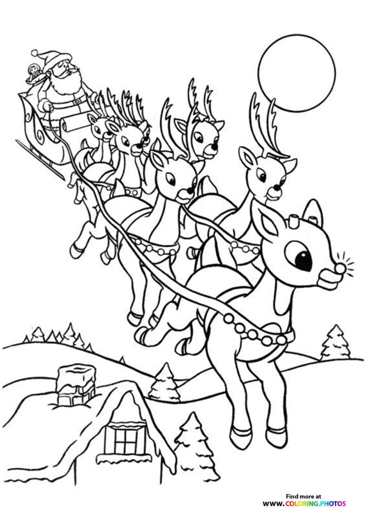 Rudolph the red nosed reindeer leading Santa's sleigh with other reindeer flying over a snowy village with houses and trees coloring page