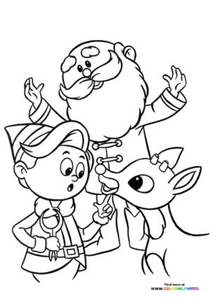 Rudolph the raindeer with Santa coloring page