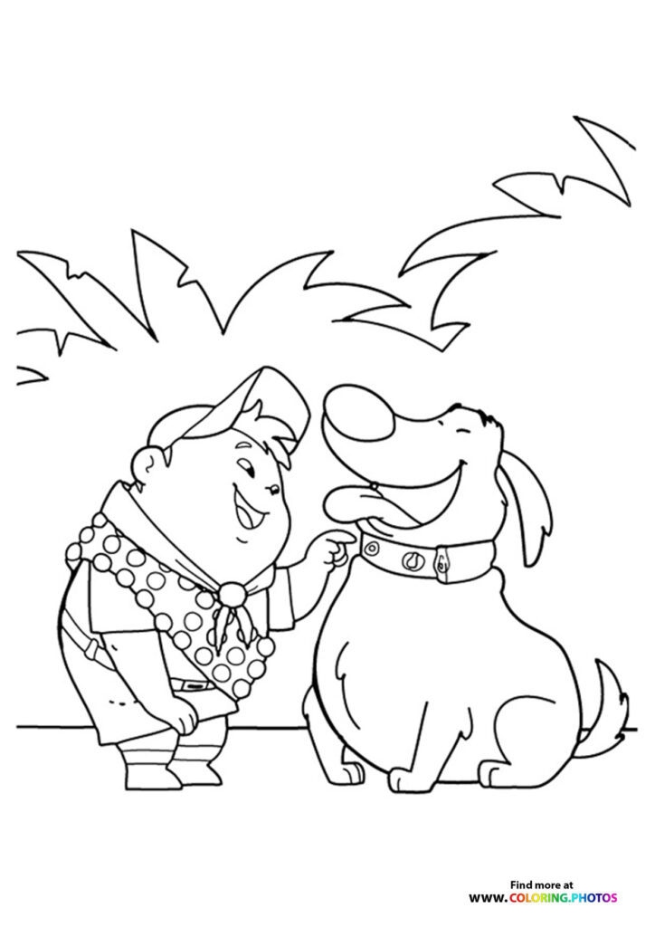 Carl and Dug playing together happily, with Carl wearing a polka dot tie and Dug wearing a collar coloring page from Dug Days