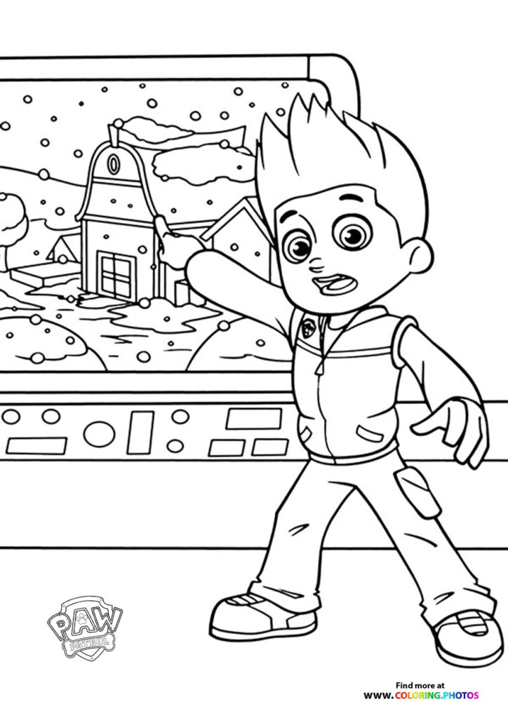 Ryder from Paw Patrol: The Movie standing in front of the Lookout Tower in the snow coloring page
