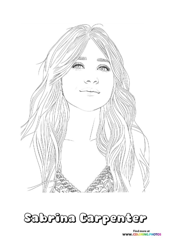 Sabrina Carpenter with long wavy hair and expressive eyes coloring page