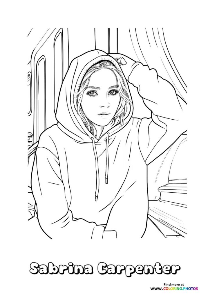 Sabrina Carpenter wearing a hoodie with wavy hair looking ahead in an interior setting coloring page