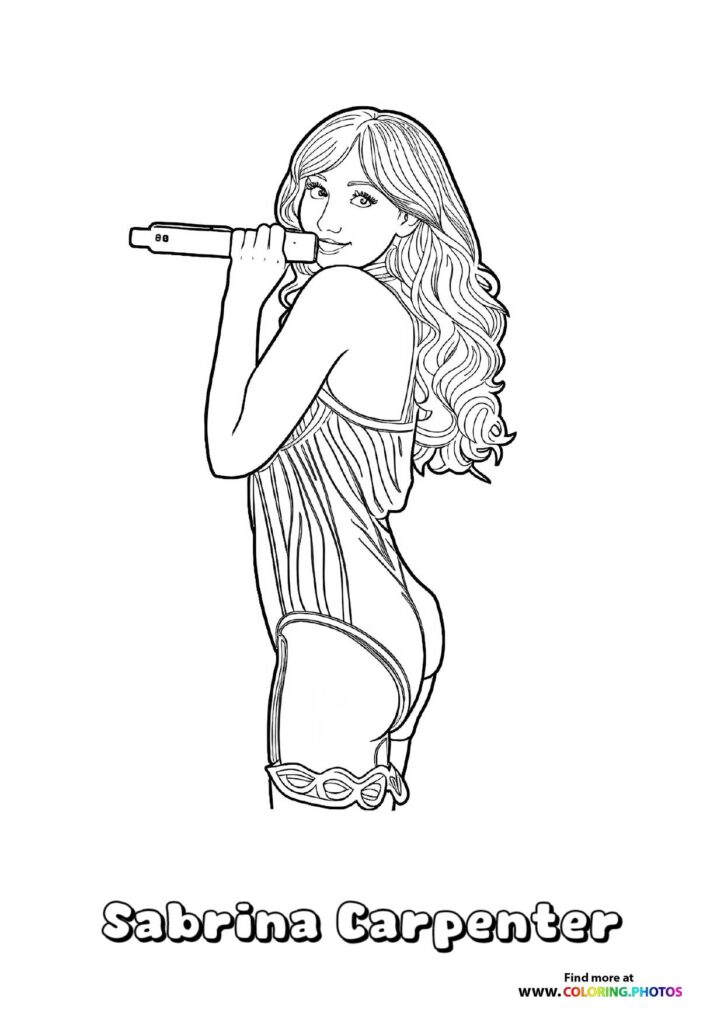 Sabrina Carpenter holding a microphone in a crop top and pleated skirt coloring page