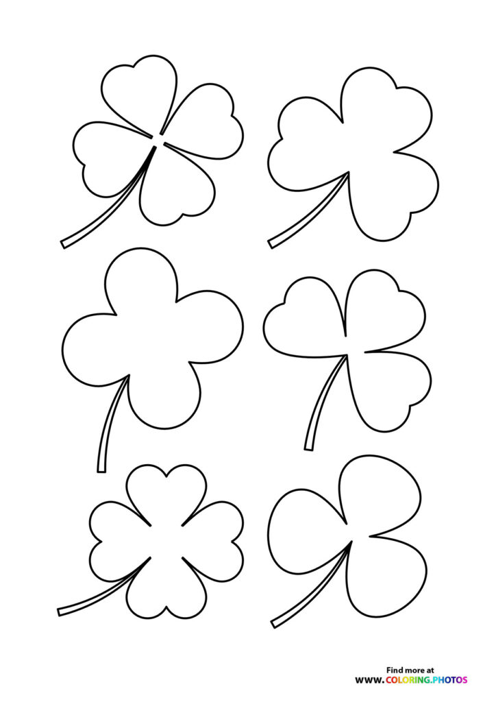 Six four-leaf clovers with curved stems arranged on a white background, St. Patrick's Day coloring page