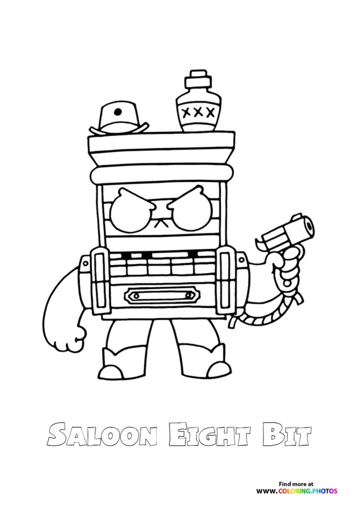 Saloon Eight Bit robot character with cowboy hat and gun coloring page from Brawl Stars