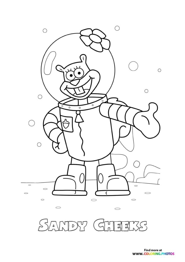 Sandy Cheeks wearing astronaut suit with helmet and gloves in space with bubbles coloring page