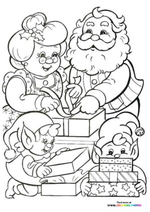 Santas family and elves coloring page