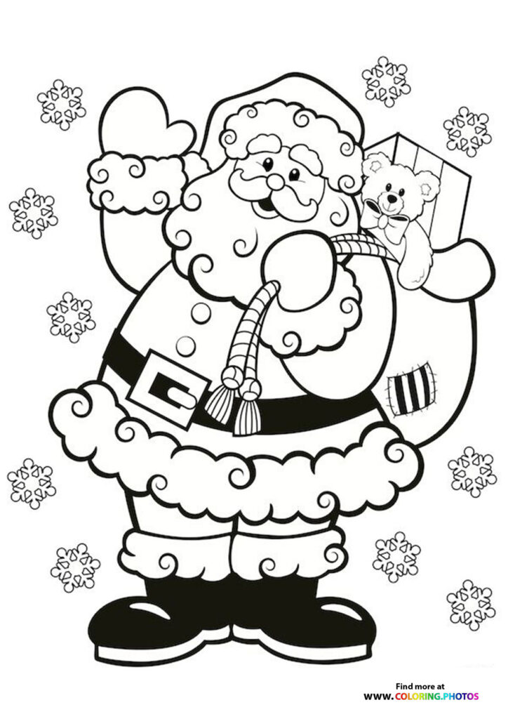 Santa Claus holding a teddy bear with snowflakes around him coloring page