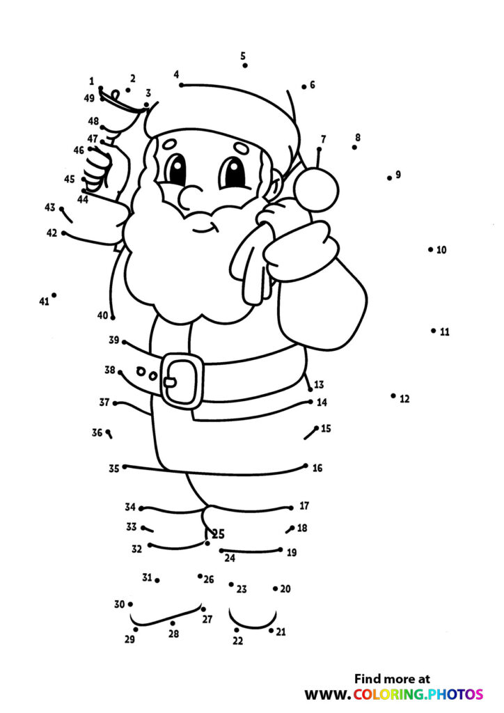 Santa Claus holding a gift bag dot to dot puzzle with 1 to 49 dots