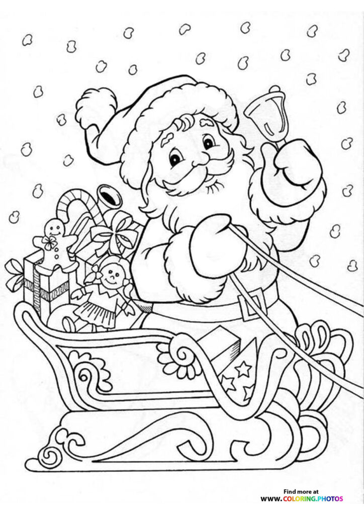 Santa Claus ringing a bell in his toy-filled sleigh coloring page with snowflakes and gingerbread cookies