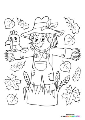 Autumn scarecrow with a crow coloring page